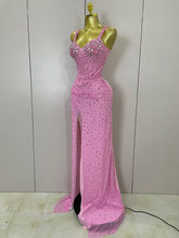 Luxury Pink Rhinestones Split Floor Length Dress 2025 Women Sexy Evening Celebrate Birthday Party Dress Photoshoot Stage Wear